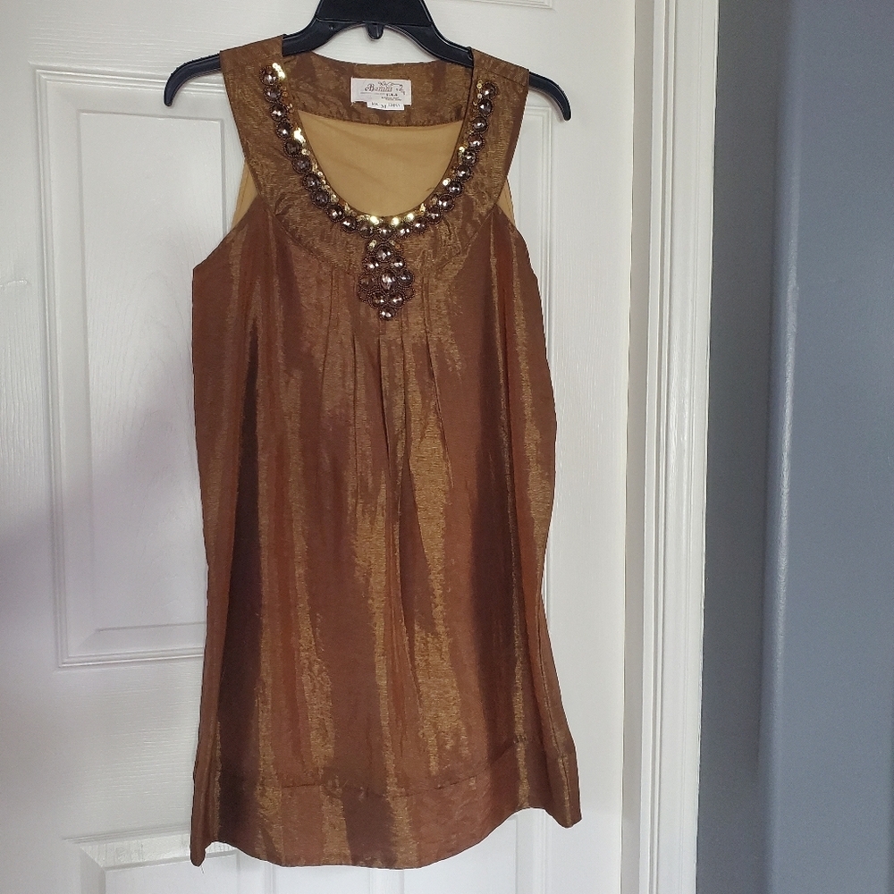 BANANA USA Brown‎ Metallic Embellish Shift Midi Dress Sleeveless Pullover Medium